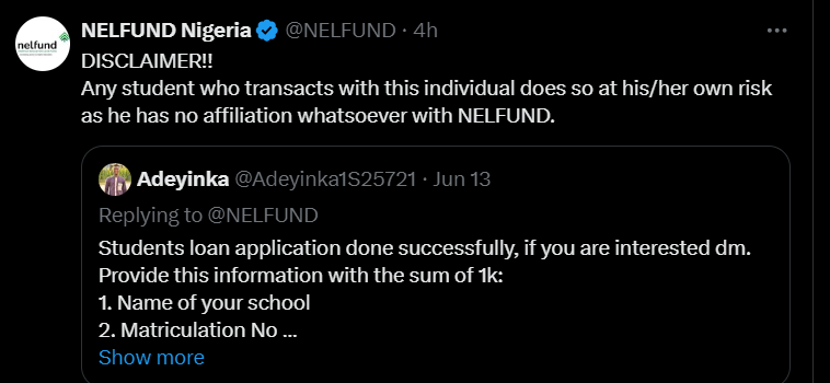 screenshot of a disclaimer from NELFUND