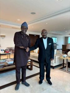 The MD and the Chairman of NELFUND when the MD Sawyerr paid a visit to the Chairman Jim Ovia