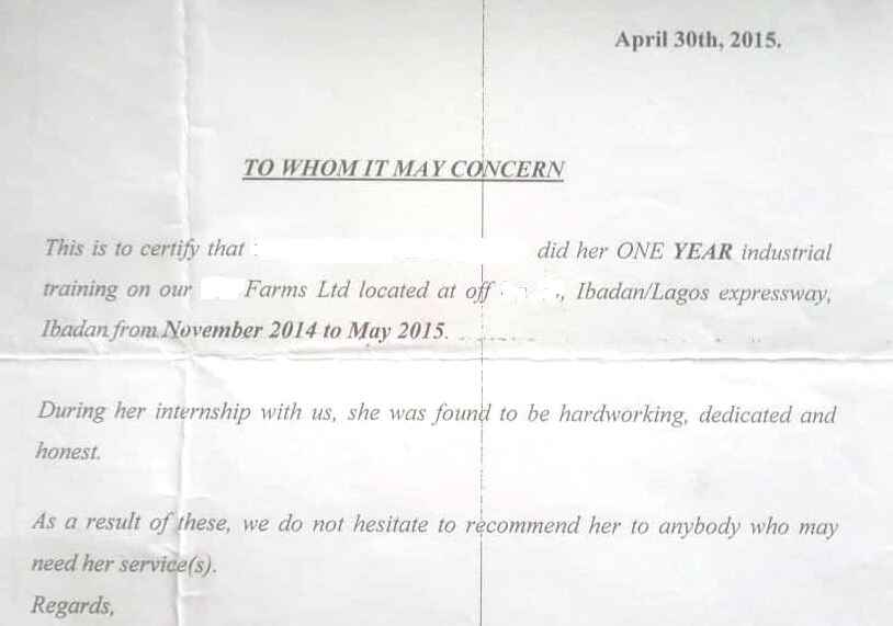 sample of evidence of Industrial Training letter a polytechnic student must have to enrol for HND and NYSC in Nigeria