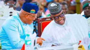 Photo Akwa Ibom State governor Pastor Umo Eno and Senate President Godswill Akpabio at an event