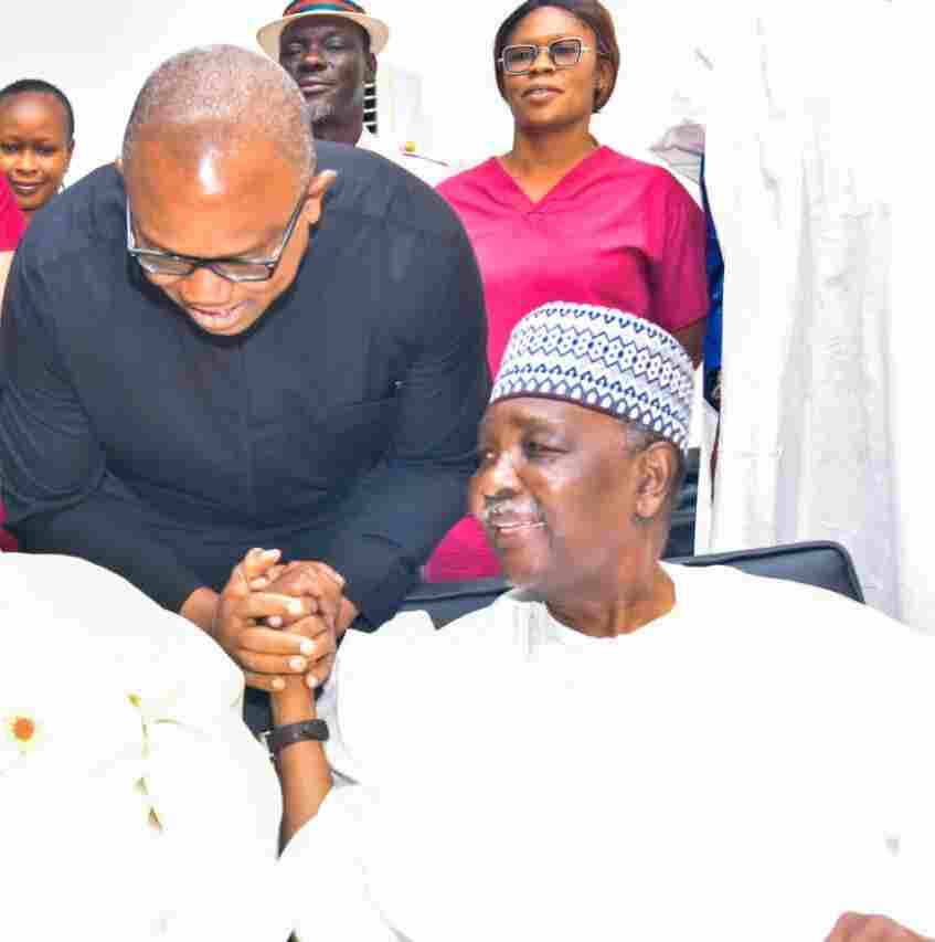 Photo showing 2023 Labour Party Presidential candidate Peter Obi congratulating Nigeria’s former Military Head of State Yakubu Gowon during the latter’s 90th birthday