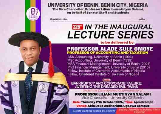 the banner of UNIBEN 326th Inaugural Lecture Series by Professor Alade Sule Omoye