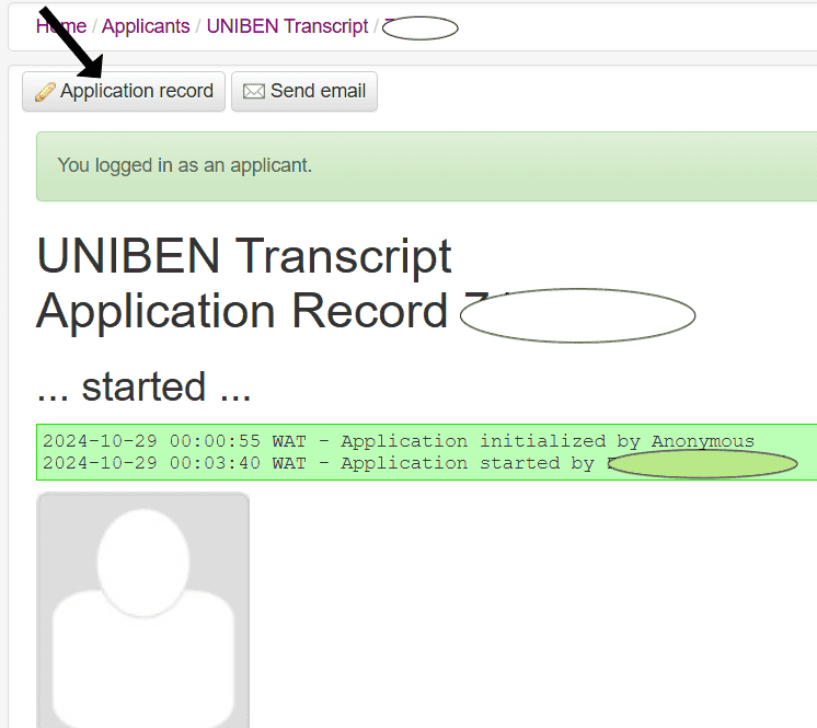 screenshot from uniben WaeUp e-portal KOFA portal for alumni to apply for academic transcript