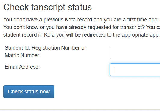 screenshot from uniben portal to check status of transcript application