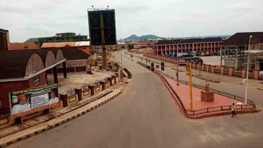 Photo showing a deserted road in Ebonyi state where residents are observing sit-at-home order across the southeast geopolitical zone
