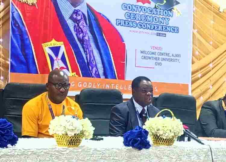 Prof Timothy Adebayo vice-Chancellor of Ajayi Crowther University Oyo addresing newsmen during the 16 Convocation Ceremony of the institution Monday, November 25, 2024, at the main campus in Oyo.