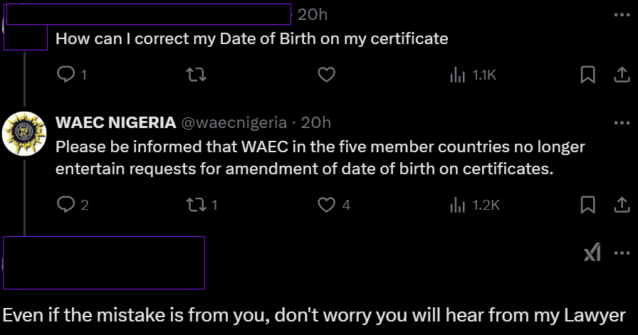 a screenshot from WAEC digital certificate stating that it doesn't make amendment on certificate