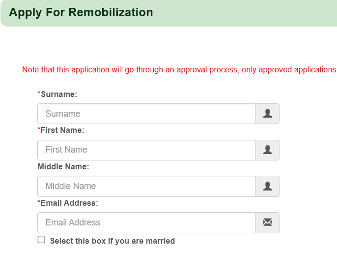 a screenshot of NYSC remobilization registration portal