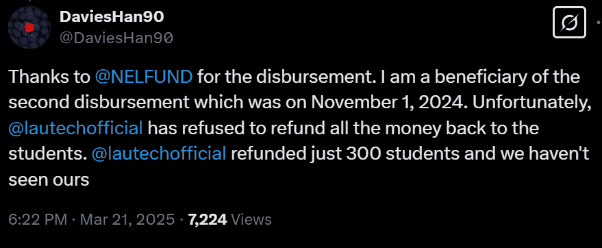 a screenshot of reaction from LAUTECH student about the failure of the institution to refund them