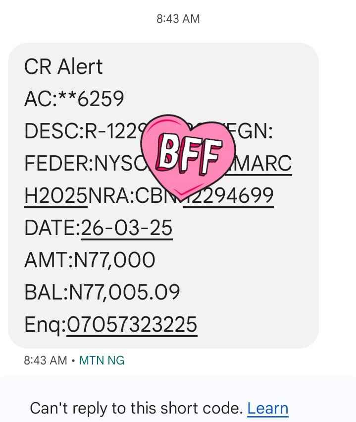 screenshot of credit alert confirming NYSC new N77000 monthly allowance