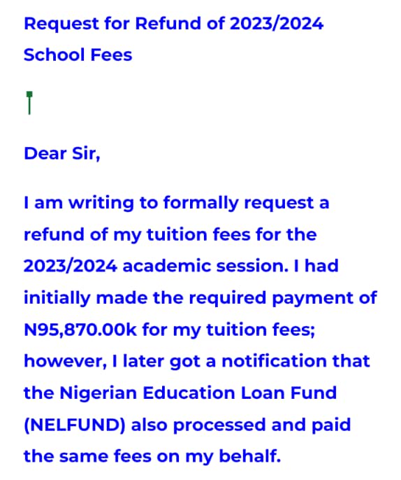 Screenshot of Sample letter to Request a School Fees Refund if NELFUND Has Paid Your Tuition Fee