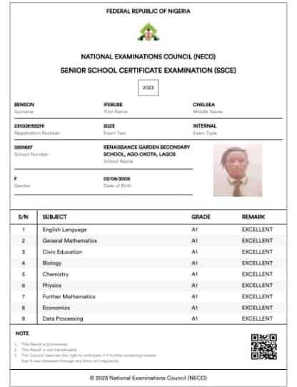 screenshot of grades of Ifebude Benson