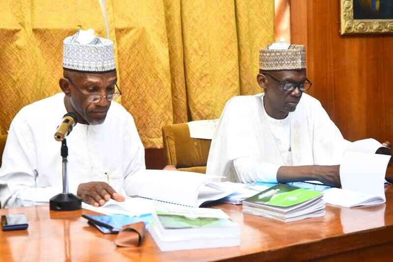Prof. Kabiru  Prof. Adamu during the handing over event at ABU Senate Building on Wednesday, April 30, 2025.