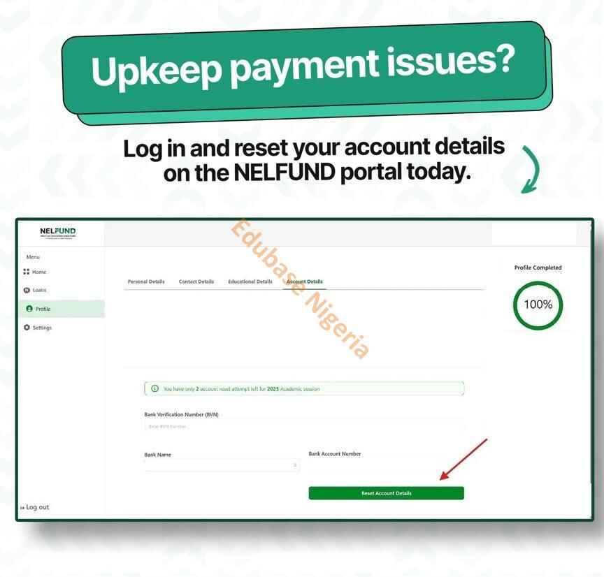 screenshot shows how to reset bank account details on NELFUND portal to resolve payment issues