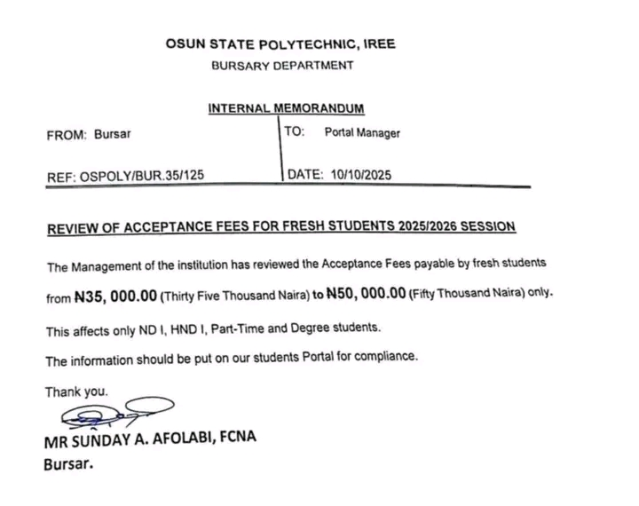 Screenshot of memo from Osun State Polytechnic announcing increment of acceptance fee