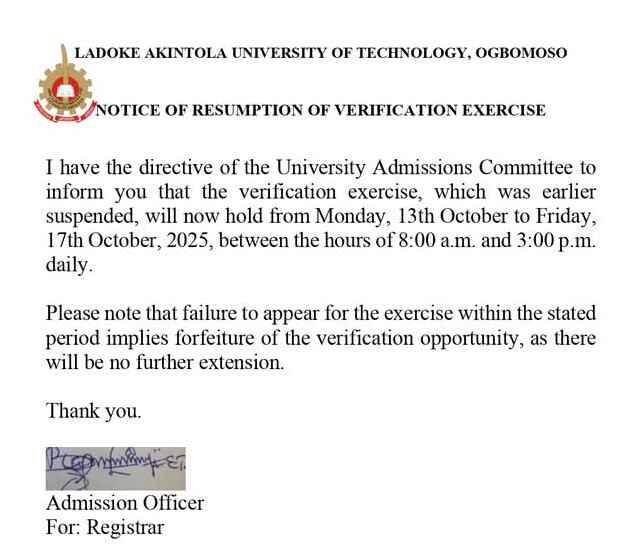 Screenshot of press statement issued by LAUTECH on verification exercise for 2025/2026 admission session