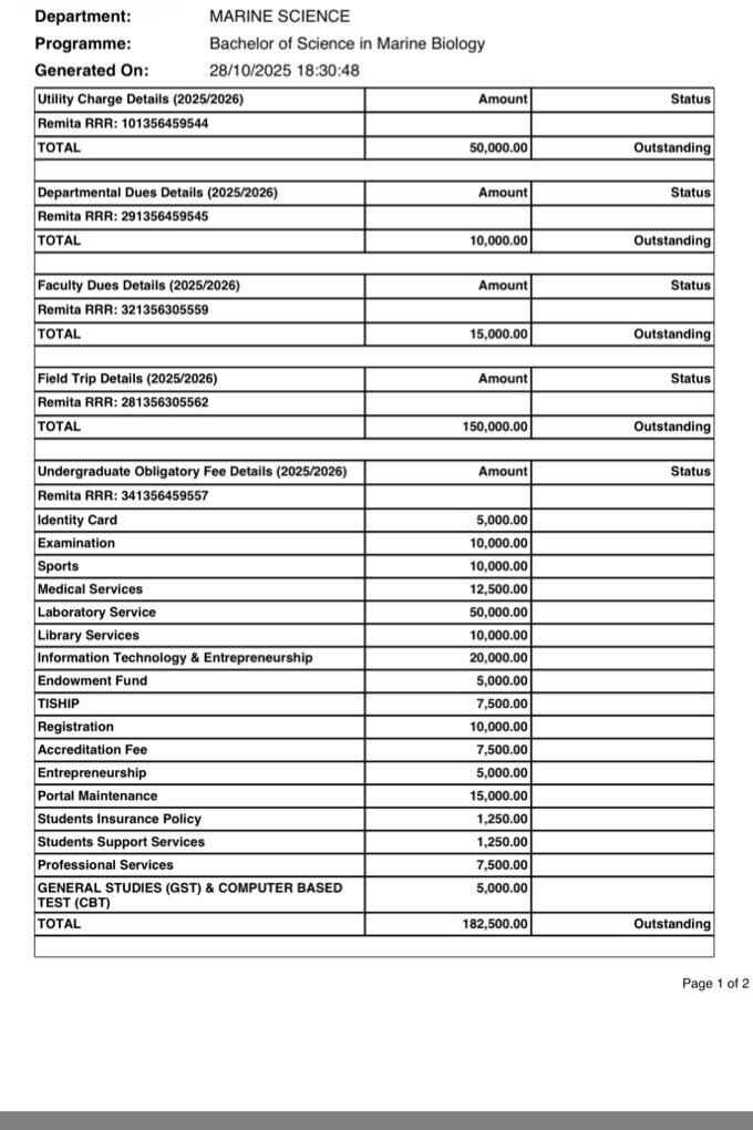 a screenshot of tuition fee portal taken by a student of University of Lagos about tuition fee hike for 2025/2026 academic session