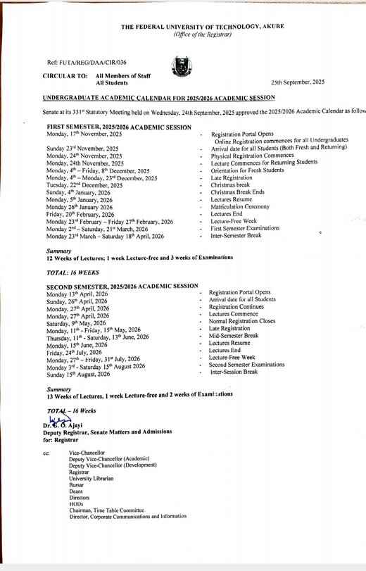 screenshot of futa academic calendar for 2025/2026 session