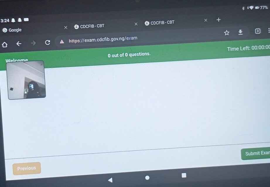 screenshot of a blank page of CDCFIB exam session